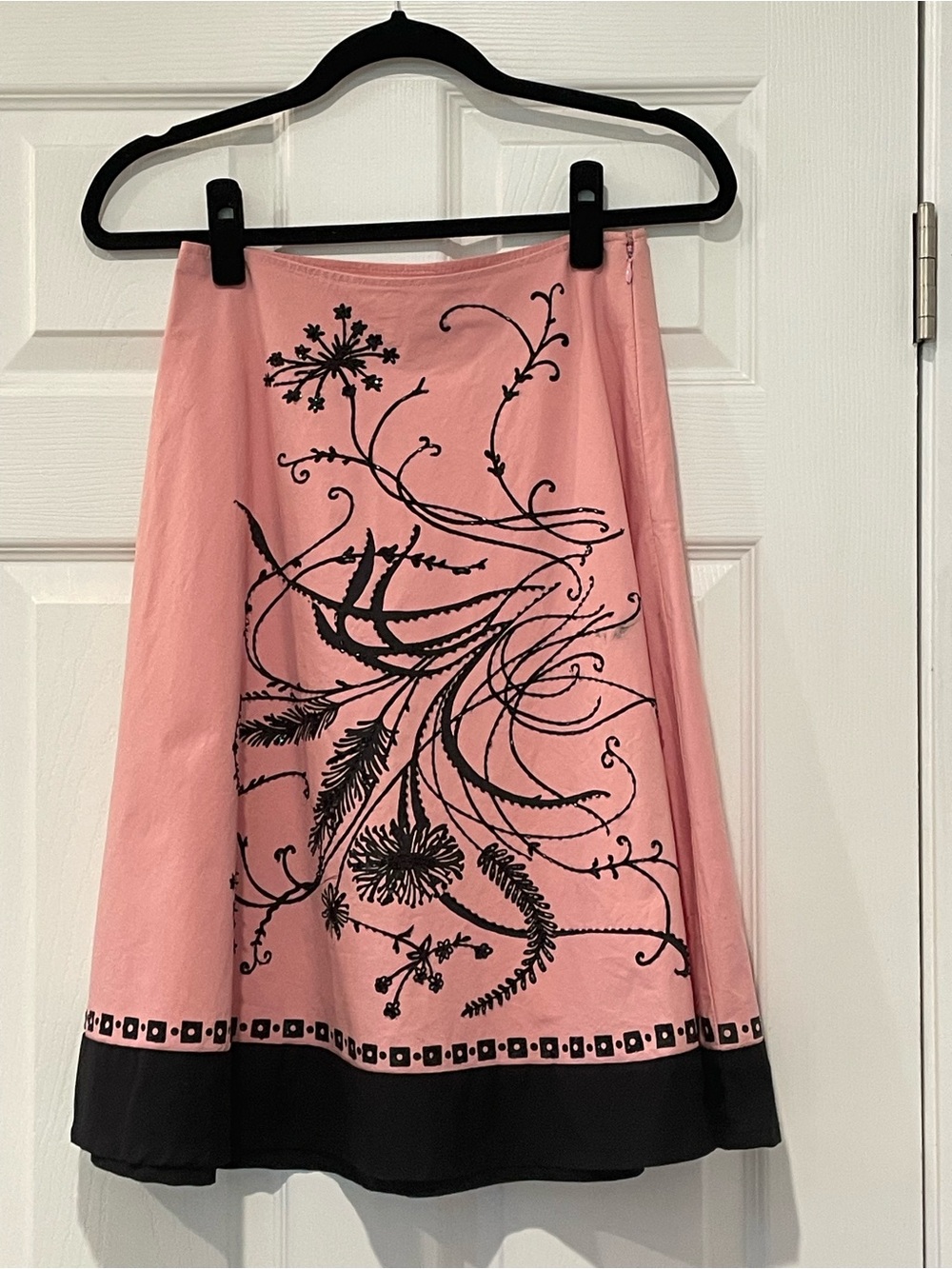 Pink A-Line Skirt with Black Floral Scroll Print